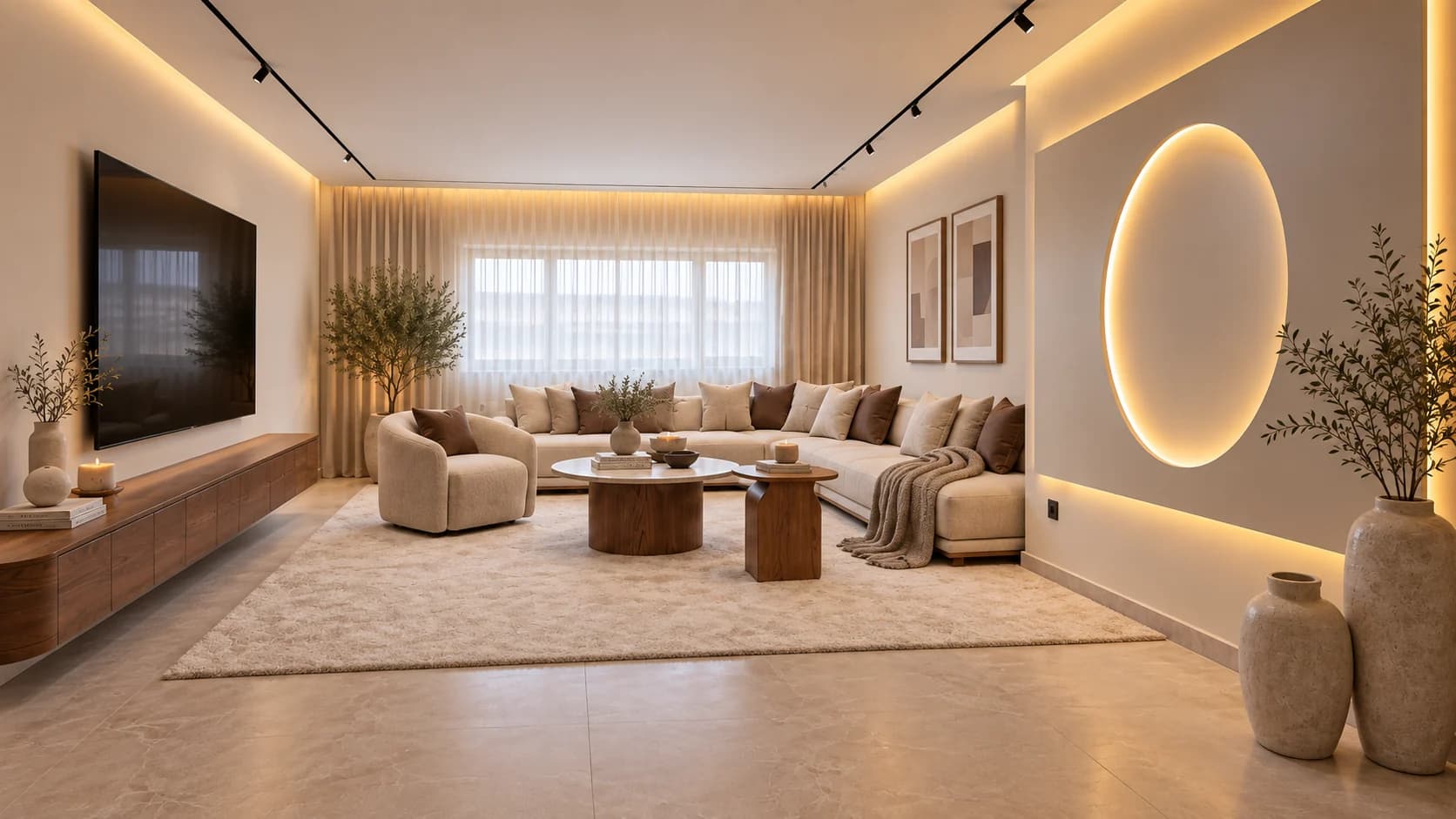 Salon en lumière indirecte, rénovation d’un appartement à Tanger